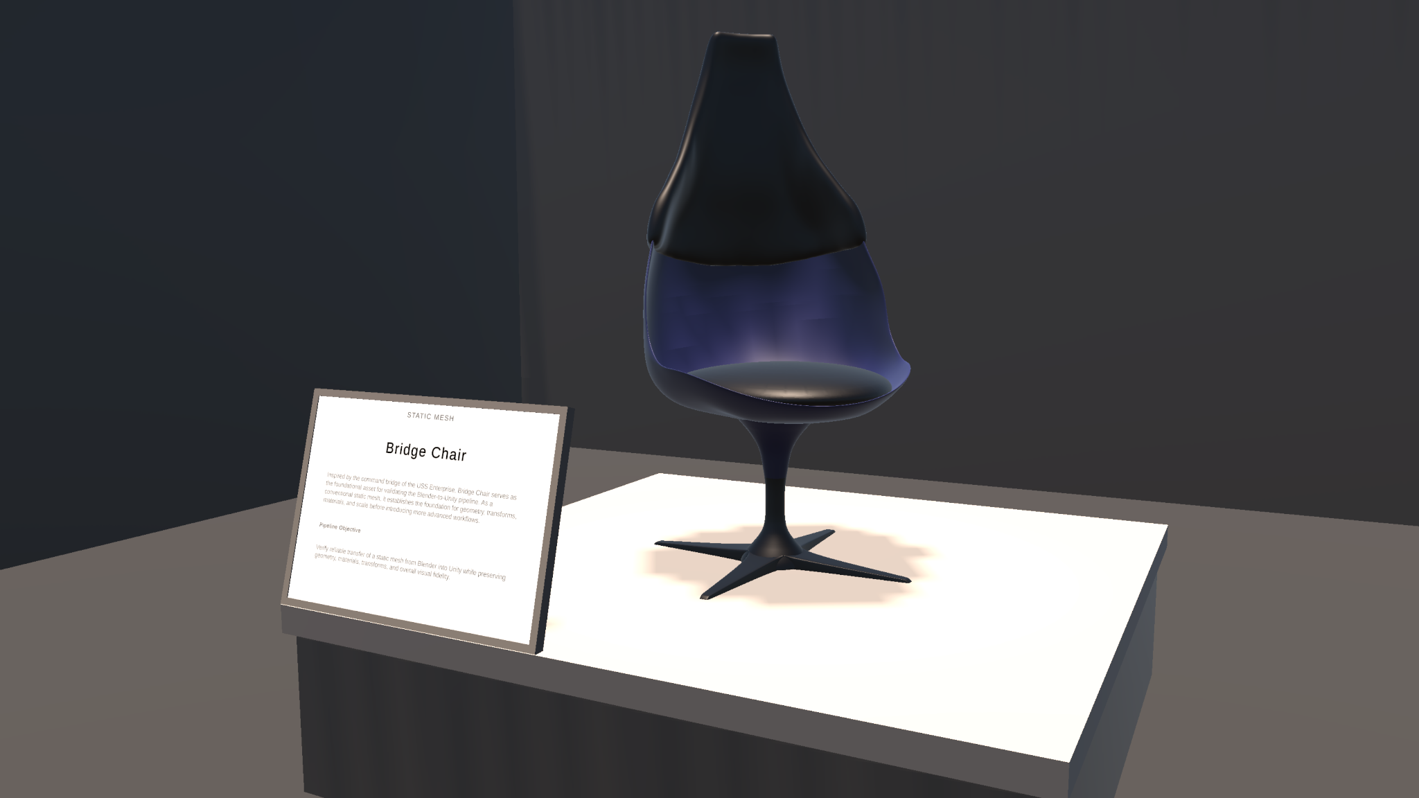 Unity Pipeline Museum project preview showing the Bridge Chair exhibit